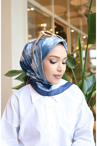 sefamerve Çiçek Desenli Pamuklu Koza Eşarp 70333-09 Lacivert Kot Mavi