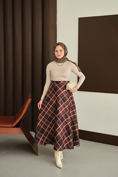 LOCCO Γυναικεία καρό φούστα καφέ