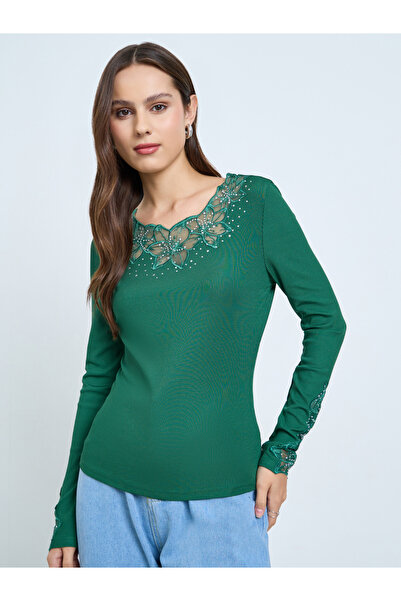 Take Two By Styli Dark Green Embellishment Detail Long Sleeve Top
