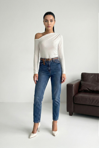 uyguntarz One Shoulder Open Women's White Sandy Fabric Knitted Long Sleeve Blouse