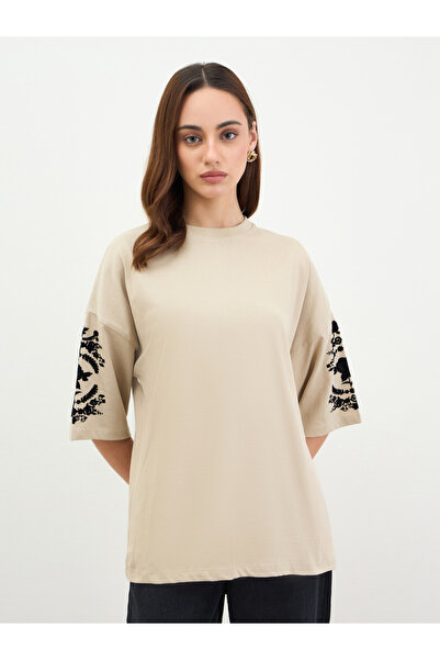 Styli Beige Embroidered Oversized T-Shirt