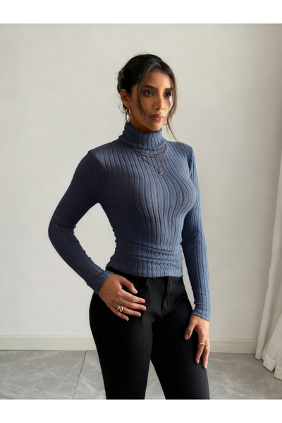 Take Two By Styli Women Navy Blue Ribbed Turtleneck Top