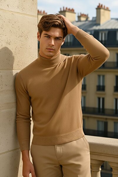 COMBİNE MİCHAİL Men's Casual Daily Trend Basic Brown Sweater