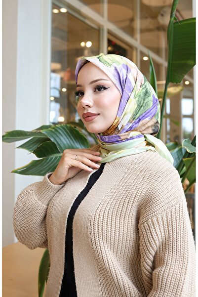 sefamerve Eșarfă din bumbac cu modele florale 70336-10 Galben Liliac