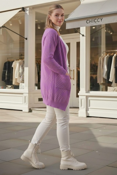 Chiccy Large Size Lilac Long Sleeve Patterned Casual Soft Oversized Knitwear Cardigan 90 77