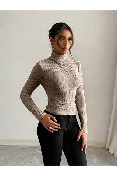 Take Two By Styli Women Beige Ribbed Turtleneck Top