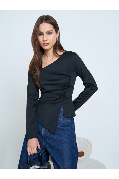 Take Two By Styli Black Irregular Neck Slit Hem Long Sleeve Top