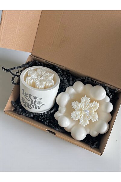 Minic Store Kar Tanesi Temalı 3’lü Soya Mum Seti Beyaz Beton Kap + Bubble Kas...