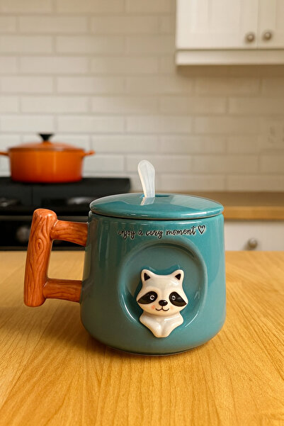 Lorena Home Decor Rakun Kapaklı ve Kaşıklı Kupa