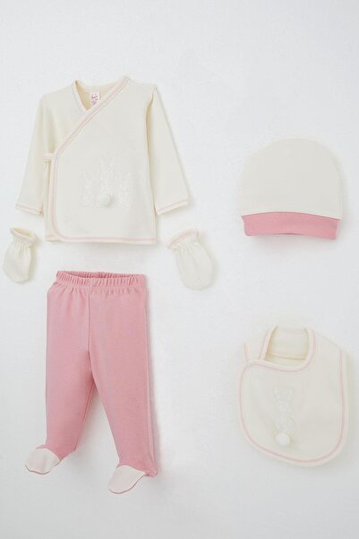 Breeze Baby Girl Hospital Release 5-Piece Pompom Bunny Embroidered 0-3 Months, Ecru