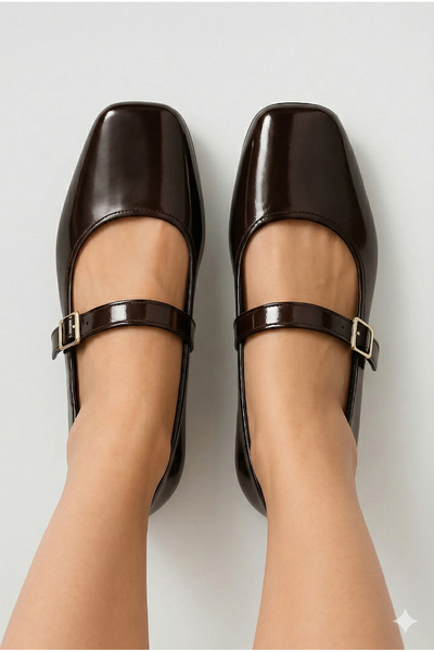 StWenn Patent Leather Brown Women's Ballet Shoes with Gold Buckle, Stylish, Lightweight, Orthopedic, Non-Sound Sole