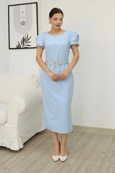 lodmela Y Slit Midi Dress with Embroidered Sleeve Belt 2198-Baby Blue