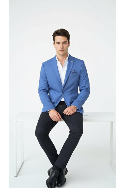 Plus Scorpion Ανδρικό μπλέιζερ εφαρμοστό τύπου Light Indigo – Με ένα κουμπί – Για κομψά casual & συνδυασμούς γραφείου – Full Asta