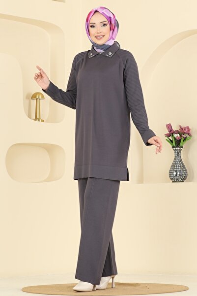 ModaMerve Boncuk Detaylı Merserize Triko Takım 144ART1138-MS Antrasit
