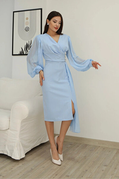 lodmela Double-Breasted Collar Waist Chiffon Detailed Balloon Sleeve Evening Dress 2263-Baby Blue