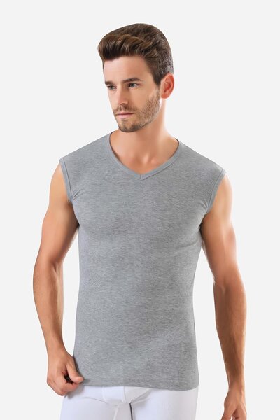 Arma Yıldız 6 Pieces Gray Sleeveless Men's Undershirt V-Neck Zero Sleeve T-Shirt 100% Cotton