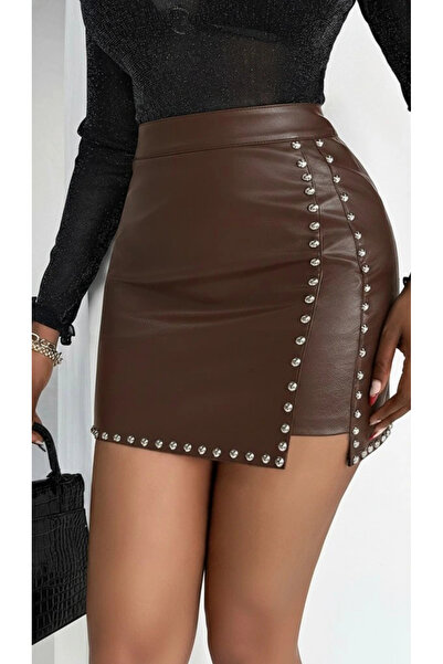 ARONA MDB Kadın Yüksek Belli Yandan çivili Mini Deri Etek