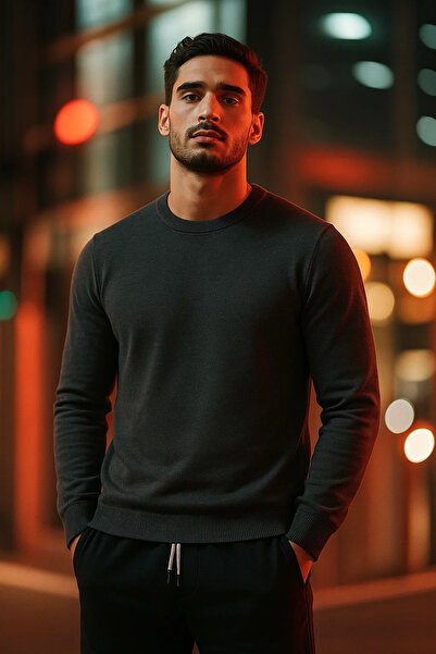 COMBİNE MİCHAİL Men's Basic Comfortable Smoked Loose Knit Sweater