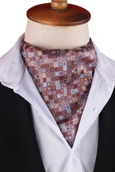 Kravatkolik Brown - Blue Mosaic Motif Pattern Men's Scarf Ascot K670