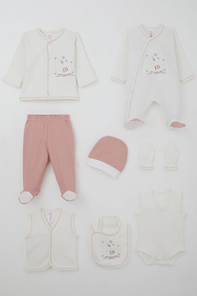 Breeze Baby Girl Hospital Release 8-Piece Cute Queen Swan Embroidered Set 0-3 Months, Ecru