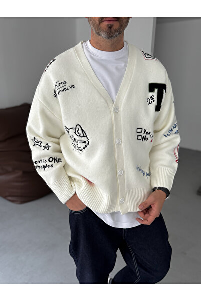 BYBASICMAN White Mixed Embroidery Buttoned Cardigan Tw-1004