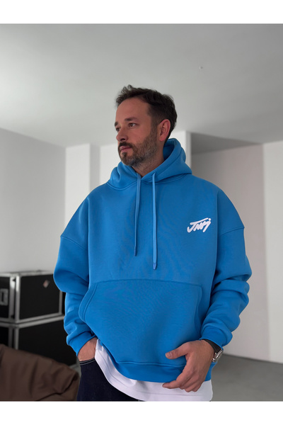 BYBASICMAN Синя базова толстовка з капюшоном і принтом JJ-101