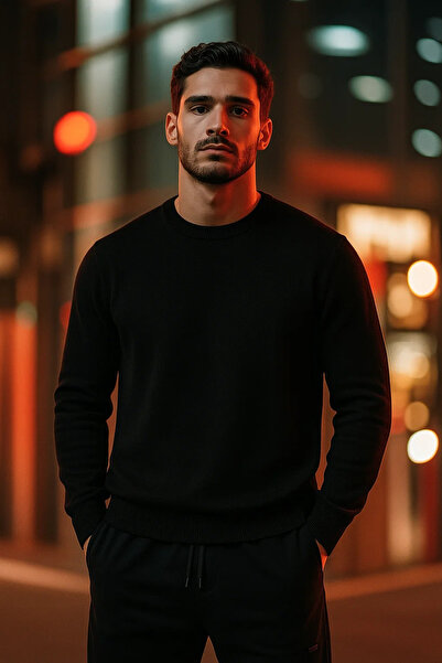 COMBİNE MİCHAİL Men's Basic Comfortable Black Loose Knit Sweater