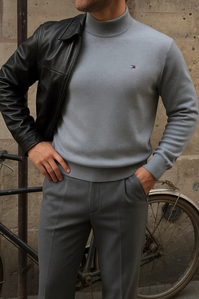 comstar Men's Winter Half-High Collar Slim Fit Basic Gray Sweater