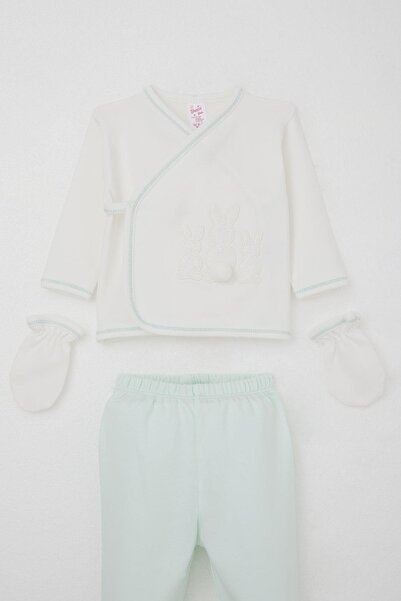 Breeze Baby Girl Hospital Release 5-Piece Pompom Bunny Embroidered 0-3 Months, Ecru