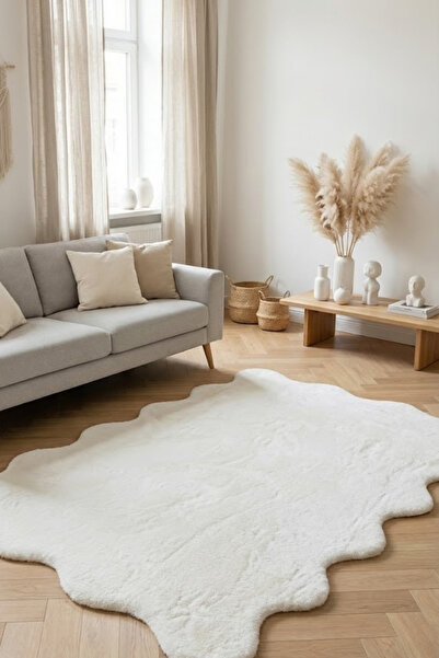 Ayduran Tavşan tüyü post peluş beyaz ithal premium kalite süet tabanlı halı