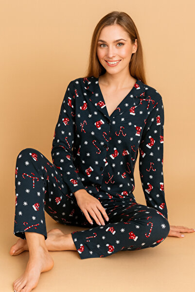 Moon Women's New Year Suede Long Sleeve Pajama Set with Buttons