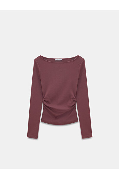 Dilvin 31401 Gathered Boat Neck Top-Dark Plum