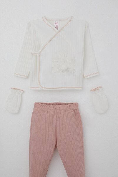 Breeze Baby Girl Hospital Release 5-Piece Pompom Bunny Embroidered 0-3 Months, Ecru