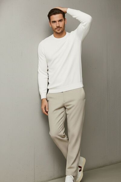 COMBİNE MİCHAİL Men's Crew Neck Casual Ecru Knit Sweater