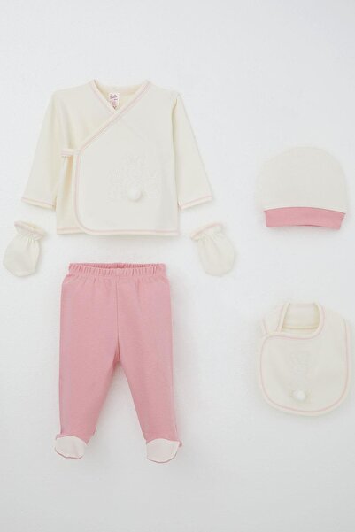 Breeze Baby Girl Hospital Release 5-Piece Pompom Bunny Embroidered 0-3 Months, Ecru