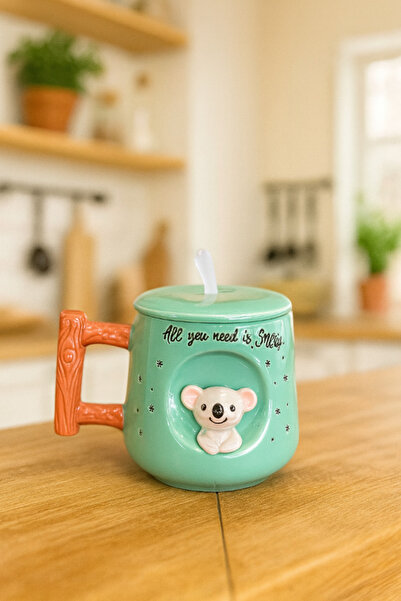 Lorena Home Decor Koala Kapaklı ve Kaşıklı Kupa