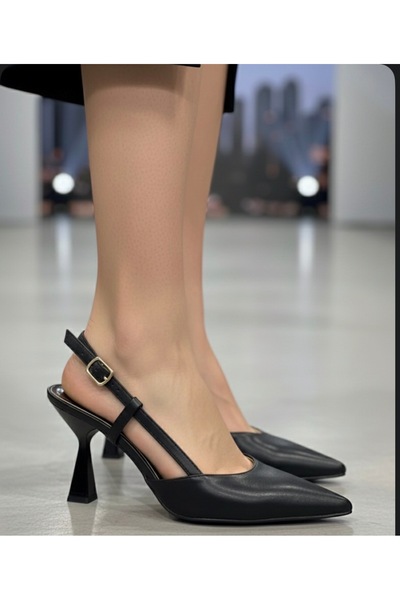 İZCE MODA Women's High-Heeled Pointed Black Leather Ankle Strap