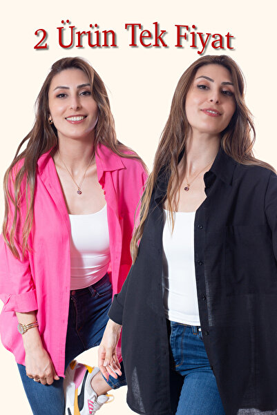 Justime Women's Oversized Cotton Linen Black - Fuchsia Shirt