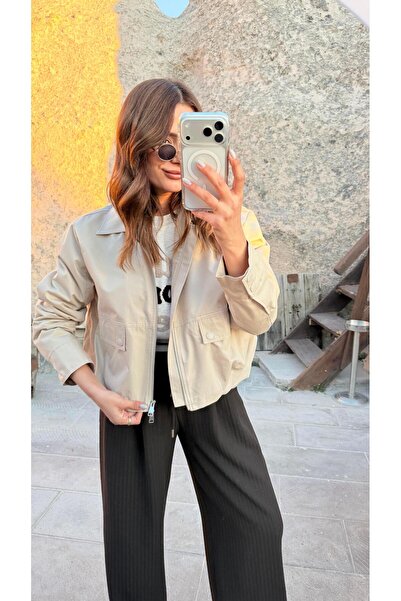 pelin yıldız butik Sırtı Şeritli Gömlek Yaka Oversize Bomber Ceket