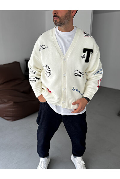 BYBASICMAN White Mixed Embroidery Buttoned Cardigan Tw-1004