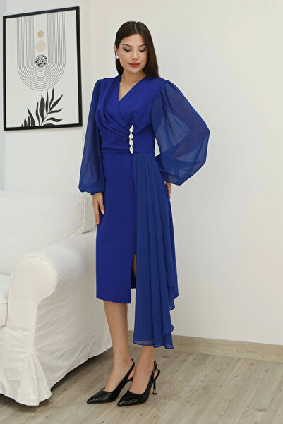 lodmela Double-Breasted Collar Waist Chiffon Detailed Balloon Sleeve Evening Dress 2263- Cobalt