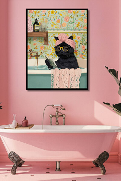 ERUMAR HOME Banyo Tablosu Küvette Süslü Kedi Banyo Dekoru Tablo Çerçeve Görün...