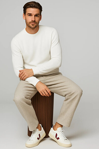 COMBİNE MİCHAİL Men's Crew Neck Casual Ecru Knit Sweater