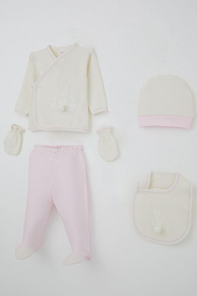 Breeze Baby Girl Hospital Release 5-Piece Pompom Bunny Embroidered 0-3 Months, Ecru