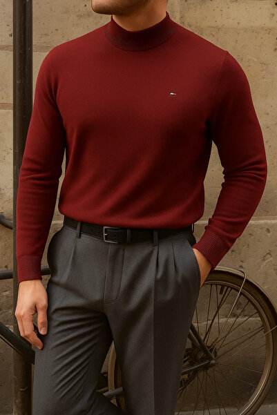 comstar Men's Winter Half-Thigh Length Slim Fit Basic Burgundy Sweater