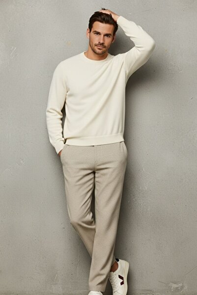 COMBİNE MİCHAİL Men's Crew Neck Casual Cream Knit Sweater