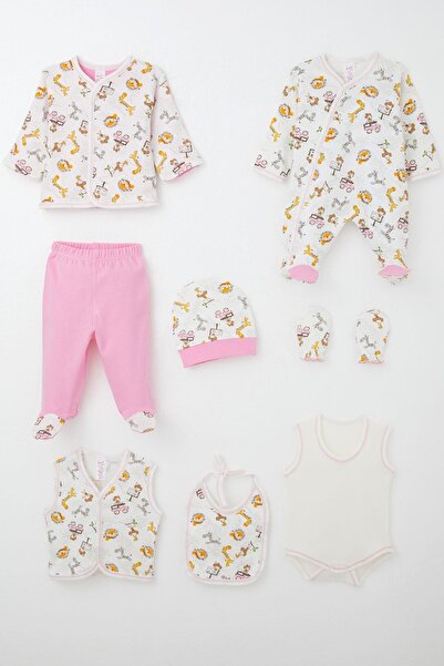 Breeze Baby Girl Hospital Release 8-Piece Safari Adventure Cute Animals Patterned 0-3 Months, Ecru