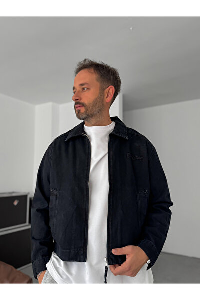 BYBASICMAN Μαύρο μπουφάν με φερμουάρ με κεντημένο κείμενο C-4615