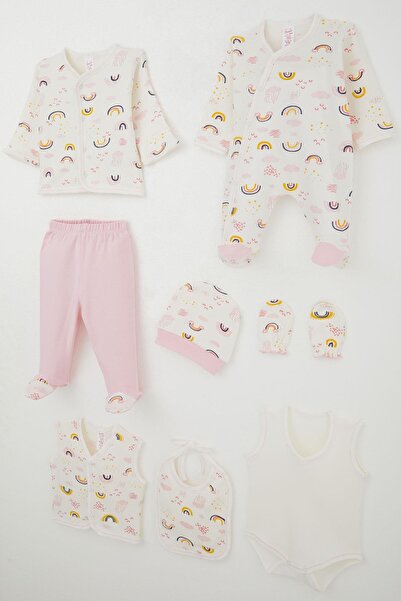Breeze Baby Girl Hospital Release 8-Piece Set, Sky-Themed Cloud Pattern, 0-3 Months, Ecru