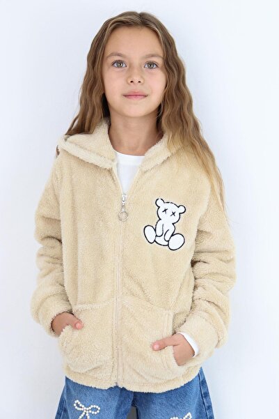 MENSİS Girl's Plush Coat with Teddy Bear Embroidery, Hooded Pockets, Age 8-12...